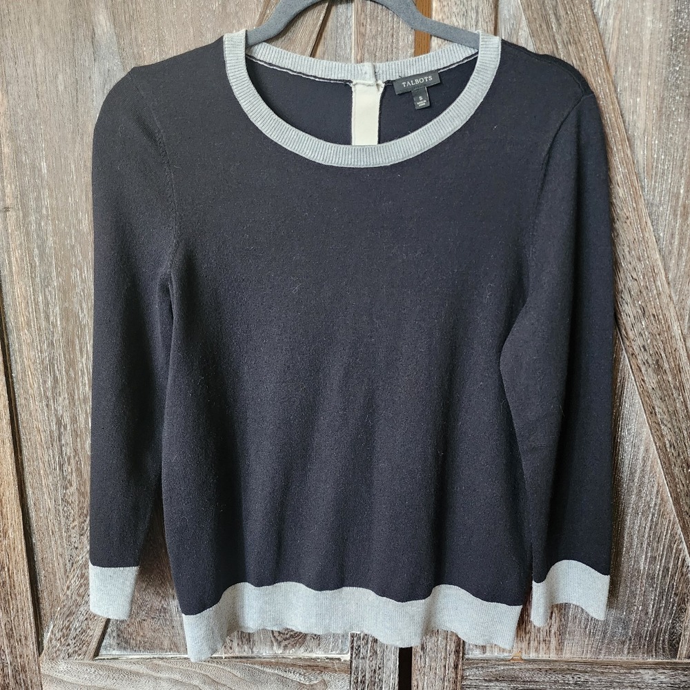 Talbots Sweater Size S Black Gray Color Block 3/4 Sleeve Pullover Silk Blend - Picture 1 of 6